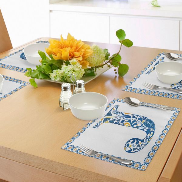 Abakuhaus Tovagliette Con La Lettera J, Illustrazione Della Lettera Maiuscola J Con Motivo Floreale Stampato Ornamentale, Tovaglietta Decorativa In Tessuto Resistente Al Lavaggio Per La Sala Da Pranzo E La Cucina, Arancione Giallo Blu-image
