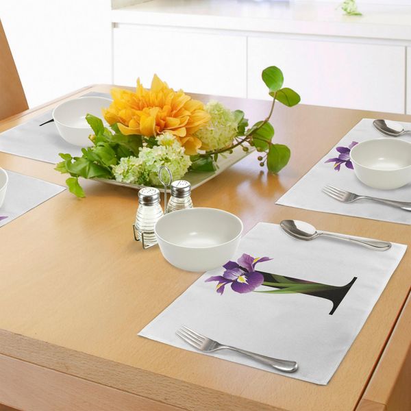 Abakuhaus Tovagliette Con Lettera I, Tipografia Floreale Abc Con Silhouette Della Lettera I E Fiori Iris Flowers Spring, Tiscjdeco In Tessuto Resistente Al Lavaggio Per Sala Da Pranzo E Cucina, Viola Nero Verde-image