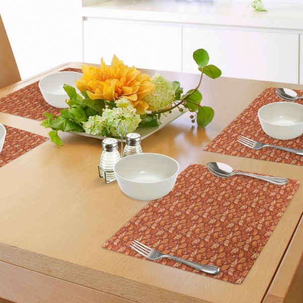 Tovagliette Abakuhaus Arancioni, Motivo Retrò Con Paisley E Fiori Ornamenti Stilizzati Figure Di Foglie, Tiscjdeco In Tessuto Resistente Al Colore Per La Sala Da Pranzo E La Cucina, Redwood Orange Creme-image