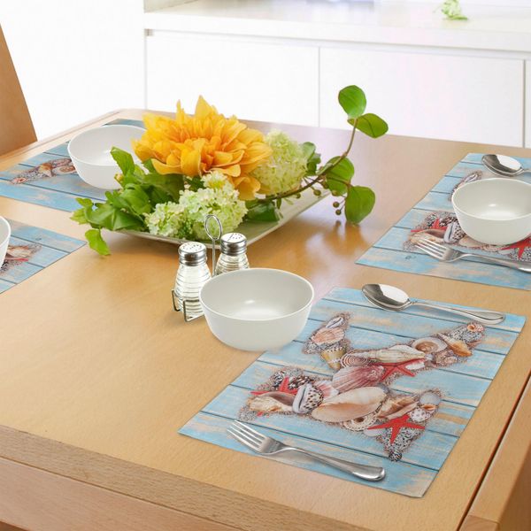 Abakuhaus Tovagliette Con La Lettera K, Lettera K Invertebrati Conchiglie Stelle Marine Stampa Ispirata All'estate, Decorazioni Da Tavola In Tessuto Resistente Al Lavaggio Per La Sala Da Pranzo E La Cucina, Corallo Scuro Azzurro Avorio-image