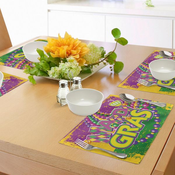 Tovagliette Abakuhaus Mardi Gras, Sfondo Grunge Con Colori Vivaci, Perline Vintage, Stampa Gioiosa, Decorazioni Da Tavola In Tessuto Resistente Al Lavaggio Per La Sala Da Pranzo E La Cucina, Viola, Giallo, Verde-image
