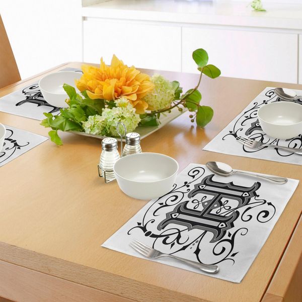 Abakuhaus Tovagliette Con La Lettera H, Elementi Calligrafici Nella Lettera Maiuscola H Design Medievale Artwork, Tiscjdeco In Tessuto Resistente Al Colore Per La Sala Da Pranzo E La Cucina, Bianco Nero Grigio-image