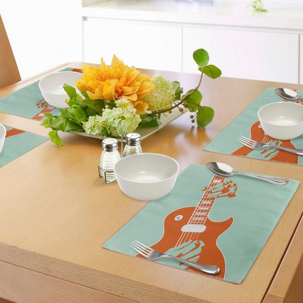 Tovagliette Abakuhaus Con Chitarra, Musicista Creativo Che Suona Strumenti Acustici Vintage, Tiscjdeco In Tessuto Resistente Ai Colori Per La Sala Da Pranzo E La Cucina, Verde Menta Arancione-image