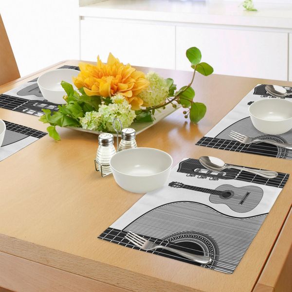 Tovagliette Abakuhaus Con Chitarra, Design Monocolore A Strisce, Strumento Classico Acustico, Musica Popolare, Concerto, Tiscjdeco In Tessuto Resistente Al Lavaggio Per Sala Da Pranzo E Cucina, Bianco E Nero-image