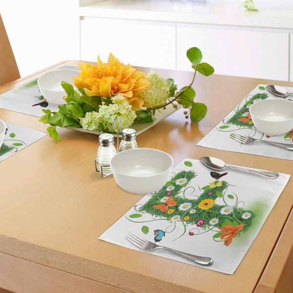 Abakuhaus Tovagliette Con La Lettera F, Ispirazioni Naturali Con Animali E Fiori Motivo Farfalle E Margherite, Decorazioni Da Tavola In Tessuto Resistente Al Lavaggio Per La Sala Da Pranzo E La Cucina, Multicolore Verde-image