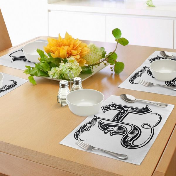 Abakuhaus Tovagliette Con La Lettera H, Maiuscola H Con Influenze Rococò, Tema Letterario Antico Monocromatico, Tiscjdeco In Tessuto Resistente Al Lavaggio Per La Sala Da Pranzo E La Cucina, Bianco E Nero.-image