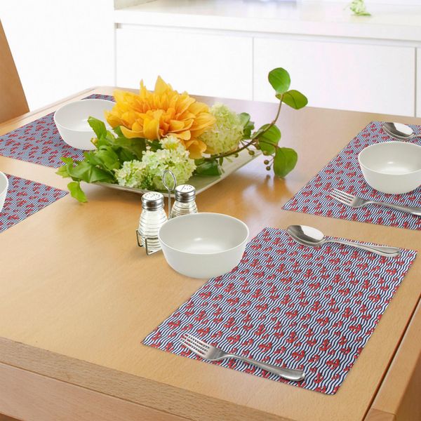 Tovagliette Abakuhaus Anker, Strisce Ondulate Con Stile 3D Ancora Marina Colori Classici Estivi, Tiscjdeco In Tessuto Resistente Al Lavaggio Per La Sala Da Pranzo E La Cucina, Rosso Cinabro Blu Marino Bianco-image
