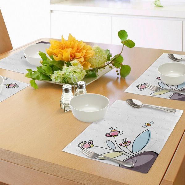 Tovagliette Abakuhaus Con Motivi Floreali, Vaso Di Fiori Con Petali E Api Che Volano Ispirando La Stagione Estiva, Sottobicchieri In Tessuto Lavabile Decorazioni Per La Tavola Con Stampa, Multicolore-image
