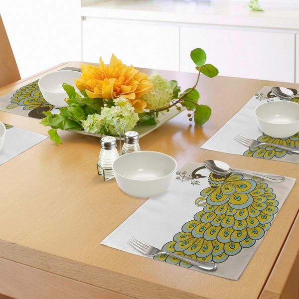 Tovagliette Abakuhaus Con Animali, Pavone Con Coda Colorata, Illustrazione Di Uccello Raffinato, Decorazione Da Tavola In Tessuto Resistente Al Lavaggio Per Sala Da Pranzo E Cucina, Verde Salvia, Beige, Marrone-image