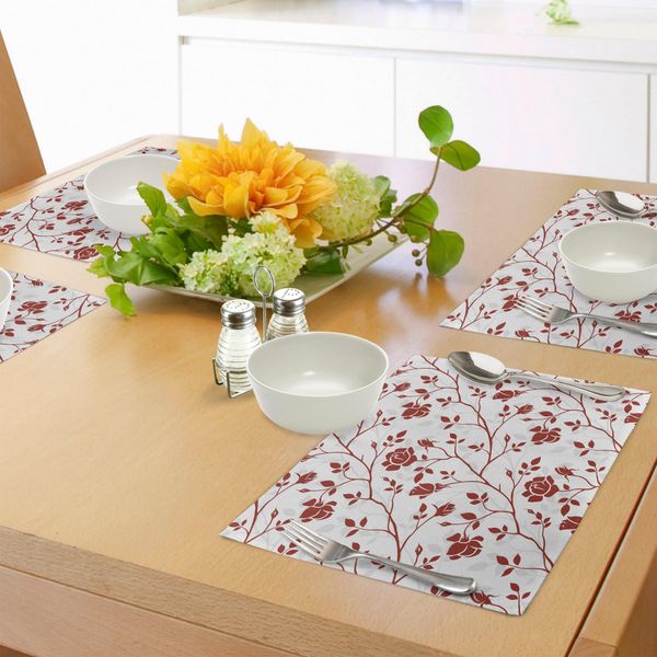 Tovagliette Abakuhaus, Composizione Floreale Monocromatica Con Rose, Foglie E Rami, Elementi Retrò, Decorazioni Da Tavola In Tessuto Resistente Al Lavaggio Per Sala Da Pranzo E Cucina, Bianco, Beige, Rubino-image