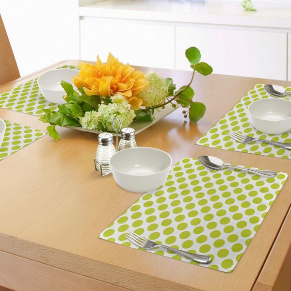 Tovagliette Abakuhaus Verde Lime, Stile Nostalgico A Pois Grandi Cerchi Motivo Rotondo Vintage Femminile, Tiscjdeco In Tessuto Resistente Al Lavaggio Per Sala Da Pranzo E Cucina, Verde Mela Bianco-image