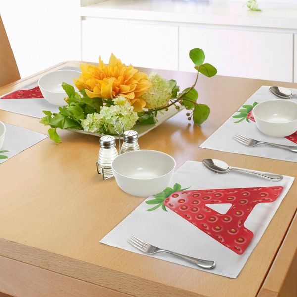 Abakuhaus Tovagliette Con Lettere, Lettera A In Stile Fragola Con Foglie Verdi Alphabet Fun Food Theme, Decorazioni Per Tavola In Tessuto Resistente Al Lavaggio Per La Sala Da Pranzo E La Cucina, Rosso Cinabro Arancione Verde-image