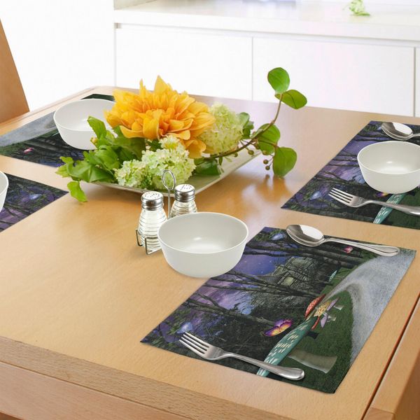 Abakuhaus Tovagliette Fantasia, Foresta Incantata E Castello Con Funghi Notte Stellata E Sentiero Al Chiaro Di Luna, Tiscjdeco In Tessuto Resistente Al Lavaggio Per La Sala Da Pranzo E La Cucina, Multicolore-image