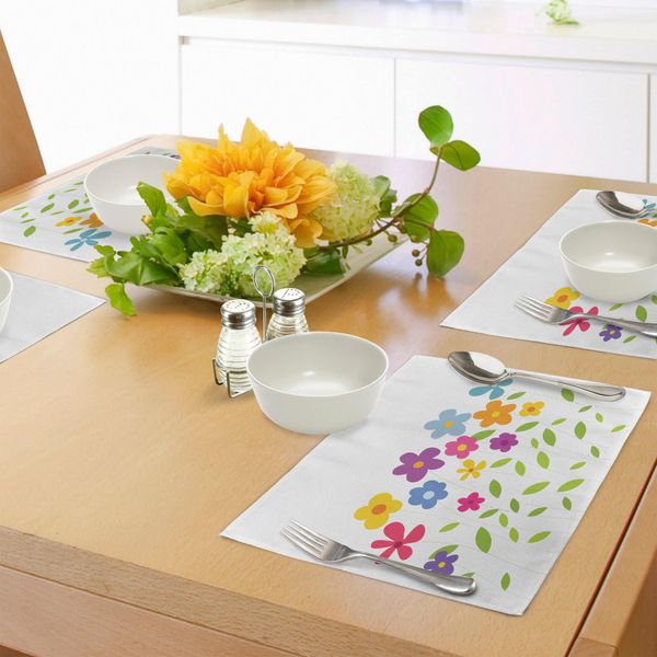Abakuhaus Tovagliette Con Fiori Verdi, Foglie Colorate E Composizioni Floreali Astratte In Stile Cartone Animato, Motivo Prato, Tovaglietta Decorativa In Tessuto Resistente Al Lavaggio Per Sala Da Pranzo E Cucina, Multicolore-image