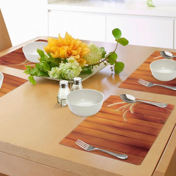 Abakuhaus Tovagliette Harvest, Spighe Di Grano Su Assi Di Legno Vita Nella Campagna All'insegna Dell'agricoltura Stampa, Tiscjdeco In Tessuto Resistente Al Lavaggio Per La Sala Da Pranzo E La Cucina, Giallo Arancio-image