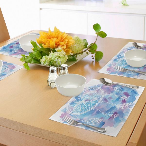 Tovagliette Abakuhaus, Acchiappasogni Astratto Con Sfondo Acquerellato E Pennellate Artistiche, Tiscjdeco In Tessuto Resistente Al Lavaggio Per Sala Da Pranzo E Cucina, Azzurro Bianco Lilla-image