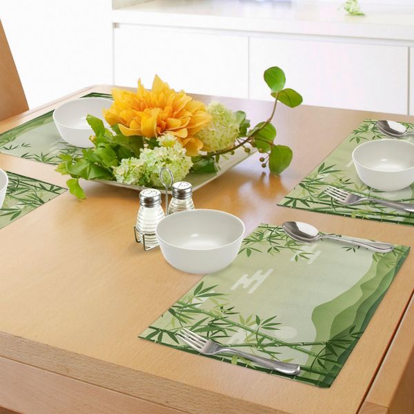 Abakuhaus Tovagliette Con Foglie Verdi, Alberi Di Bambù Astratti Nel Giardino Botanico Orientale Della Foresta Giapponese, Tiscjdeco In Tessuto Resistente Al Lavaggio Per La Sala Da Pranzo E La Cucina, Verde Lindo Verde Chiaro-image