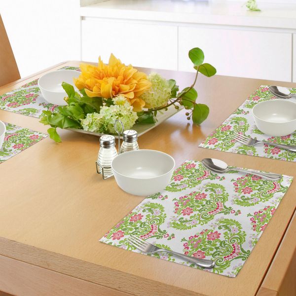 Tovagliette In Damasco Abakuhaus, Stampa Con Motivo Floreale In Damasco Verde Fogliame Orientale, Tiscjdeco In Tessuto Resistente Al Lavaggio Per Sala Da Pranzo E Cucina, Viola Pallido Rosso Corallo Verde-image