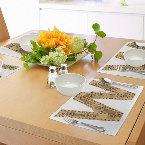 Abakuhaus Tovagliette Con Lettere, Stile Steampunk, Simboli Abc Automatizzati Maiuscoli, Stampa Con Struttura A Ingranaggi, Tiscjdeco In Tessuto Resistente Al Colore Per La Sala Da Pranzo E La Cucina, Marrone Sabbia-image