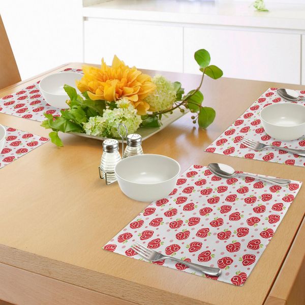 Abakuhaus Tovagliette Con Motivi Geometrici A Forma Di Mela E Cerchi Su Sfondo Puntinato, Sottobicchieri In Tessuto Lavabile Decorazioni Per La Tavola Con Stampa, Verde Mela E Rosso Arrossamento-image