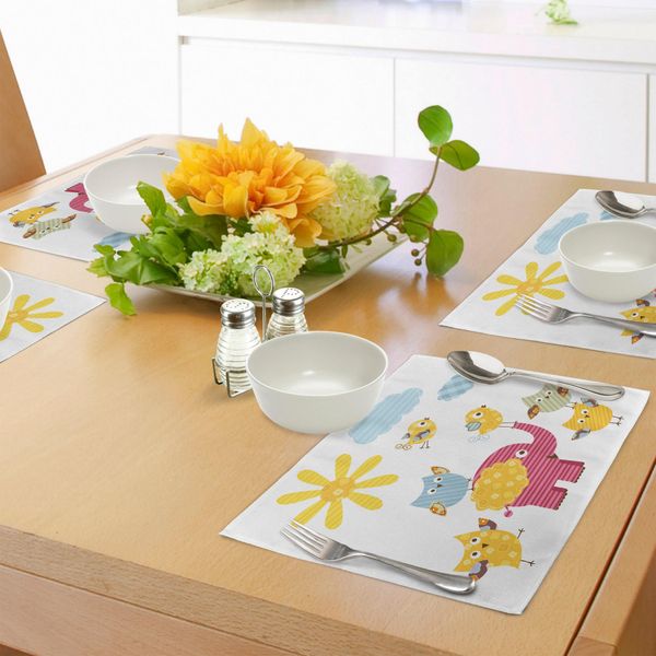 Tovagliette Per Asilo Abakuhaus, Animali Felici, Disegno Colorato Sole Nuvoloso Simpatici Elefanti, Uccellini E Gufi, Tiscjdeco In Tessuto Resistente Al Lavaggio Per La Sala Da Pranzo E La Cucina, Azzurro Camomilla Rosa-image