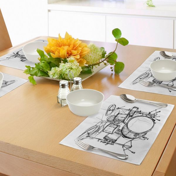 Abakuhaus Tovagliette Rock, Scarabocchi, Disegni, Schizzi, Batterista, Ispirazioni Musicali, Arrangiamento Monocromatico, Tiscjdeco In Tessuto Resistente Al Lavaggio Per Sala Da Pranzo E Cucina, Bianco E Nero-image