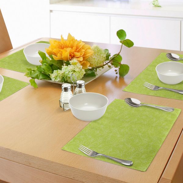Abakuhaus Tovagliette Con Foglie Verdi, Motivi Floreali Astratti Scarabocchiati, Rami Ricci E Pois Botanici, Tiscjdeco In Tessuto Resistente Al Lavaggio Per La Sala Da Pranzo E La Cucina, Giallo Verde Bianco-image
