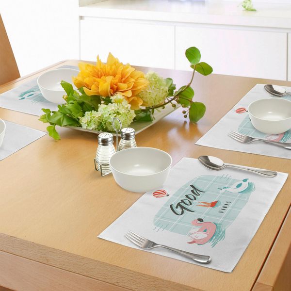 Abakuhaus Tovagliette Allegre, Fenicottero Rosa E Unicorno Boa Anello In Piscina Divertimento Estivo, Decorazioni Per La Tavola In Tessuto Resistente Ai Colori Per La Sala Da Pranzo E La Cucina, Verde Chiaro Nero Rosso Corallo-image