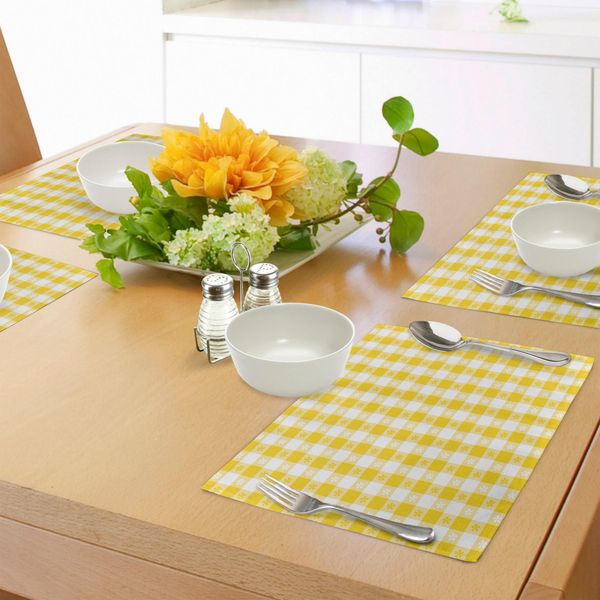 Abakuhaus Tovagliette Gialle E Bianche, Motivo A Quadri Con Piccoli Fiori Primaverili, Classico Motivo Country Da Picnic, Tiscjdeco In Tessuto Resistente Al Lavaggio Per La Sala Da Pranzo E La Cucina, Giallo Bianco-image