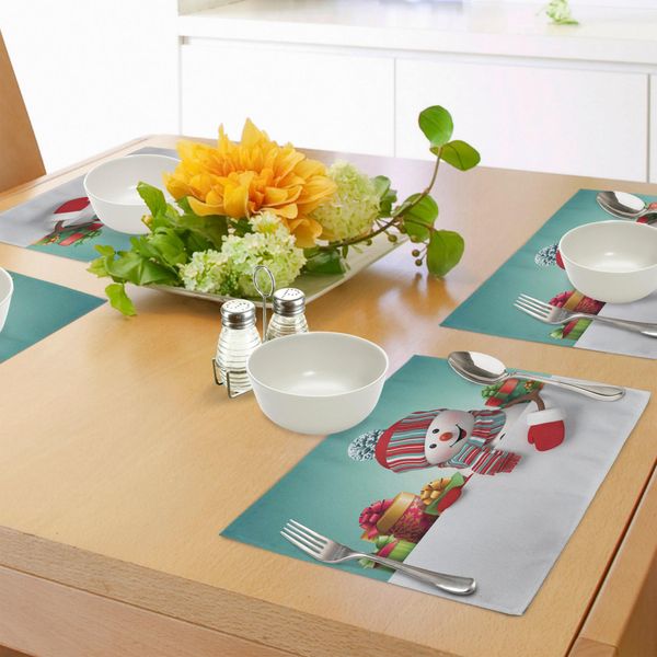Tovagliette Natalizie Abakuhaus, Disegno Tridimensionale Di Pupazzo Di Neve Con Sciarpa E Cappello, Elaborata Illustrazione Su Scatola, Decorazione Da Tavola In Tessuto Resistente Al Lavaggio Per Sala Da Pranzo E Cucina, Multicolore-image