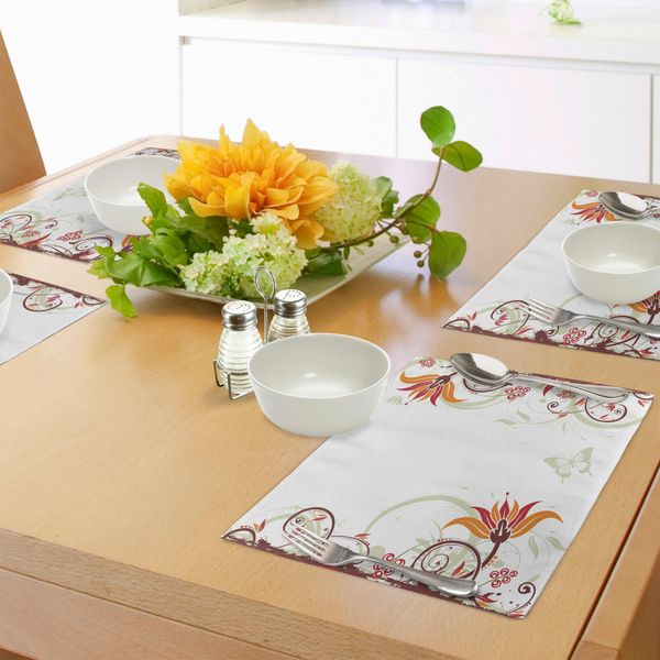 Abakuhaus Tovagliette Verdi E Marroni, Motivo A Cornice Floreale Con Elementi Naturali In Fiore Su Sfondo A Farfalle, Decorazioni Da Tavola In Tessuto Resistente Al Lavaggio Per La Sala Da Pranzo E La Cucina, Multicolore-image
