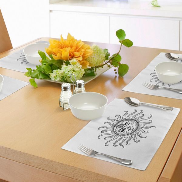 Tovagliette Abakuhaus Sole, Simboli Vintage Stilizzati, Elementi Tribali, Stelle, Frecce E Mezzelune, Tiscjdeco In Tessuto Resistente Al Lavaggio Per Sala Da Pranzo E Cucina, Bianco E Nero-image
