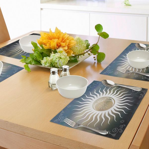 Tovagliette Abakuhaus Sole, Corpi Celesti - Silhouette - Elementi Geometrici - Linee Vorticose Con Curve Decorative, Tiscjdeco In Tessuto Resistente Al Lavaggio Per La Sala Da Pranzo E La Cucina, Multicolore-image