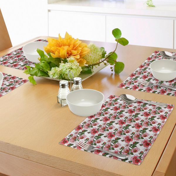 Abakuhaus Tovagliette A Forma Di Coccinella, Fiori Esotici Ibisco Fogliame Hawaiano Illustrazione Botanica Fioritura Primaverile, Tiscjdeco In Tessuto Resistente Al Lavaggio Per La Sala Da Pranzo E La Cucina, Rosso Corallo Verde Rosso-image