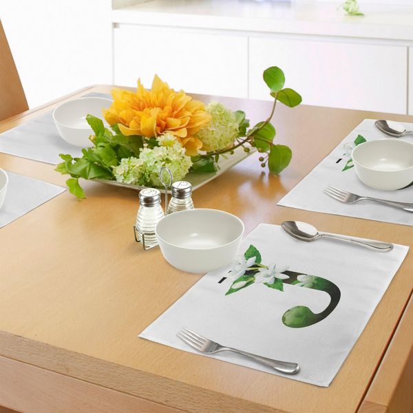 Abakuhaus Tovagliette Con La Lettera J, Composizione Floreale Astratta J-Silhouette E Fiori Di Gelsomino Concetto Abc, Decorazioni Da Tavola In Tessuto Resistente Al Lavaggio Per La Sala Da Pranzo E La Cucina, Bianco Nero Verde-image