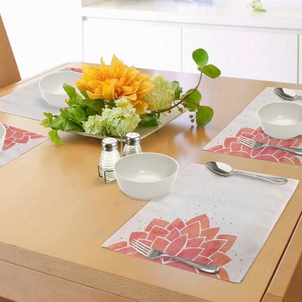 Abakuhaus Tovagliette Con Motivo Fiori Di Loto, Stile Acquerello, Tema Meditazione Ayurvedica Con Giglio, Look Artistico, Sottobicchieri In Tessuto Lavabile, Decorazione Da Tavola Con Stampa, Color Pesca Chiaro E Rosso Corallo.-image