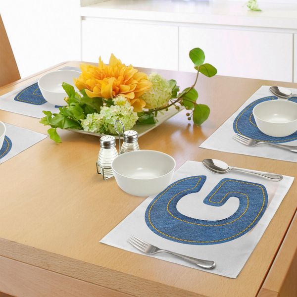 Abakuhaus Tovagliette Con La Lettera G, Moderno Tessuto Denim Con Caratteri Tipografici Jeans Cuciti A Mano, Stampa In Maiuscolo, Tiscjdeco In Tessuto Resistente Al Lavaggio Per Sala Da Pranzo E Cucina, Giallo Blu-image