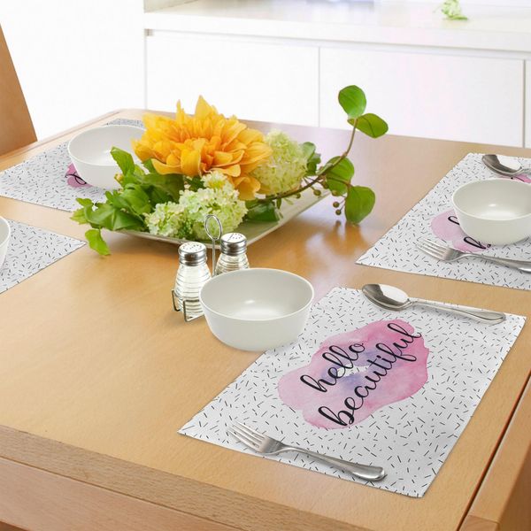 Abakuhaus Tovagliette, Motivo Floreale Acquerellato Con Citazioni Ispiratrici E Sfondo Festivo, Decorazione Da Tavola In Tessuto Resistente Al Lavaggio Per Sala Da Pranzo E Cucina, Rosa Chiaro Lavanda Nero-image