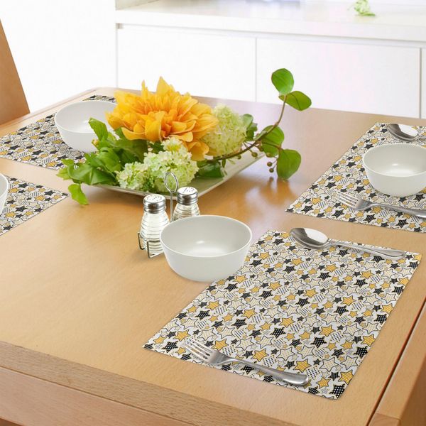 Tovagliette Abakuhaus Gialle, Stelle Gialle E Nere Con Motivo A Pois Retrò, Stile Vintage Divertente, Decorazioni Per La Tavola In Tessuto Resistente Ai Colori Per La Sala Da Pranzo E La Cucina, Calendula Bianco E Nero-image