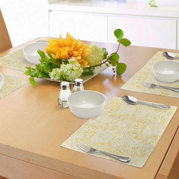 Tovagliette Abakuhaus Gialle, Motivo Floreale Vintage Disegnato A Mano Con Composizione Di Denti Di Leone E Astri In Fiore, Tiscjdeco In Tessuto Resistente Al Lavaggio Per La Sala Da Pranzo E La Cucina, Giallo Bianco-image