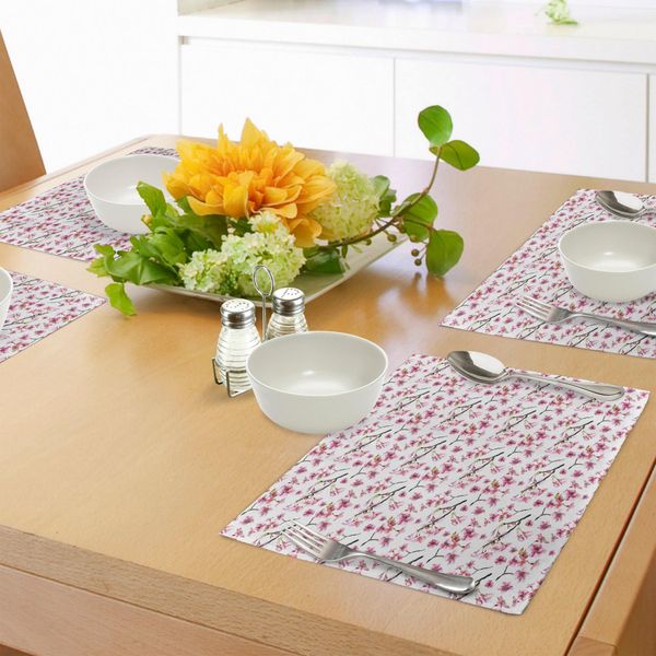 Abakuhaus Tovagliette Con Motivo Fiori Di Ciliegio, Motivo Artistico Acquerellato In Stile Orientale Con Rami Di Fiori Di Ciliegio, Tiscjdeco In Tessuto Resistente Al Lavaggio Per Sala Da Pranzo E Cucina, Verde Marrone Rosa-image
