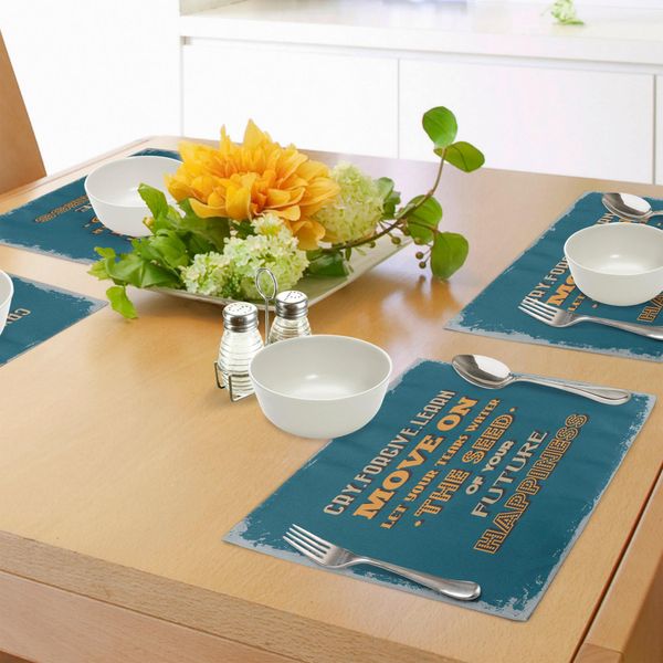 Abakuhaus Tovagliette Motivazionali, Sfondo Retrò Grunge Con Parole A Tema Felicità, Decorazioni Per La Tavola In Tessuto Resistente Ai Colori Per La Sala Da Pranzo E La Cucina, Blu Petrolio Arancione Beige-image