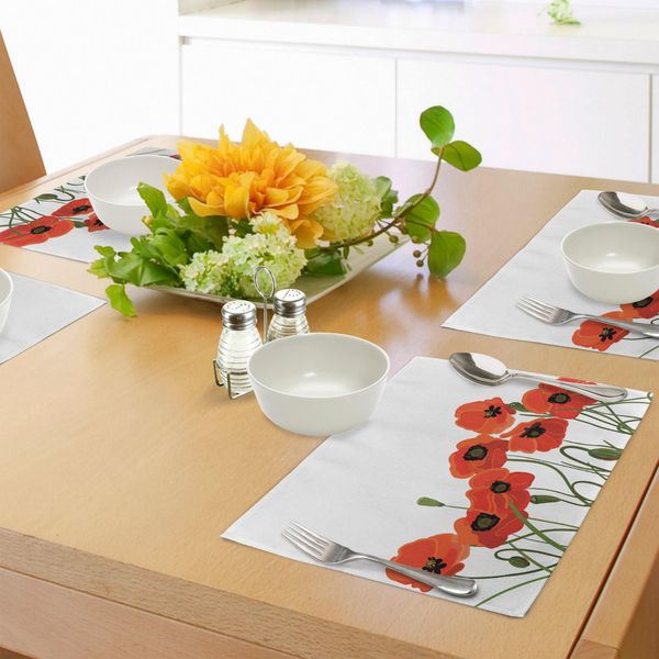 Abakuhaus Tovagliette Con Motivi Di Papaveri, Prato Fiorito Nei Boschi Bouquet Di Boccioli Dai Colori Vivaci, Decorazioni Da Tavola In Tessuto Resistente Al Lavaggio Per La Sala Da Pranzo E La Cucina, Verde Oliva, Rosso Cinabro, Nero-image