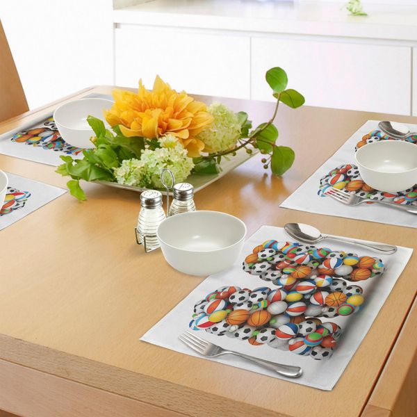 Abakuhaus Tovagliette Con La Lettera M, Design Tipografico Creativo Con L'alfabeto Abc A Tema Sportivo E Palloni Vari, Decorazioni Da Tavola In Tessuto Resistente Al Lavaggio Per La Sala Da Pranzo E La Cucina, Multicolore-image