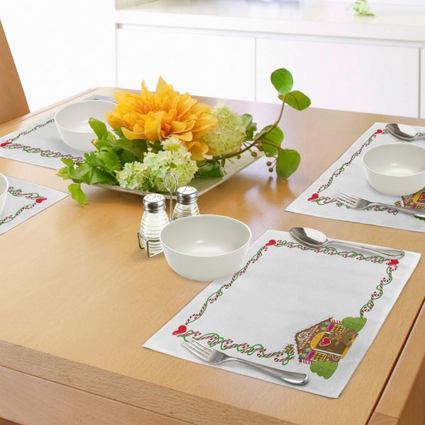 Abakuhaus Tovagliette Natalizie Per Bambini, Con Cornice Decorata Con Graziosi Cuori Di Zucchero E Una Casetta Di Pan Di Zenzero, Decorazioni Da Tavola In Tessuto Resistente Al Lavaggio Per La Sala Da Pranzo E La Cucina, Multicolore-image