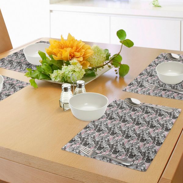 Tovagliette Abakuhaus Flamingo, Stile Artistico, Foglie, Natura, Orchidee, Fiori E Foglie Di Palma, Tiscjdeco In Tessuto Resistente Al Lavaggio Per Sala Da Pranzo E Cucina, Nero, Corallo Rosso, Grigio-image