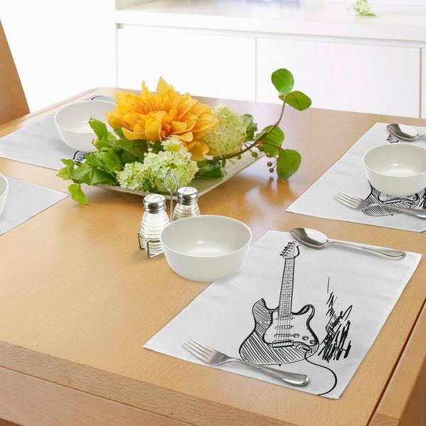 Tovagliette Abakuhaus Con Chitarra, Chitarra Elettrica Disegnata A Mano Su Sfondo Bianco Rock Music Accords Sketch Art, Tiscjdeco In Tessuto Resistente Ai Colori Per La Sala Da Pranzo E La Cucina, Bianco E Nero-image