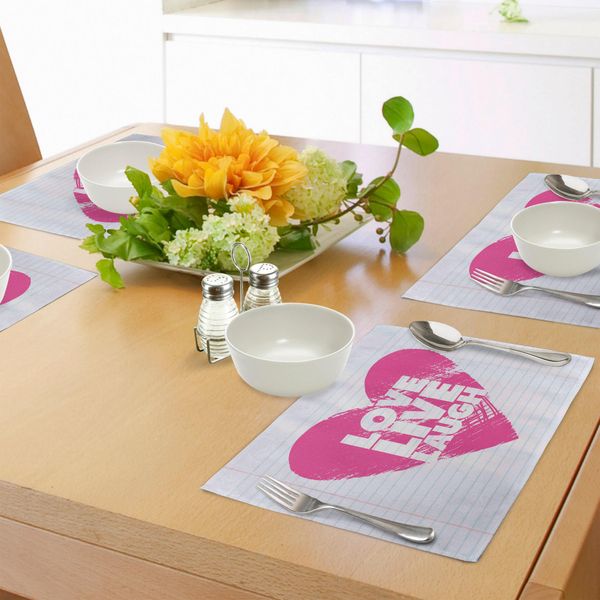 Abakuhaus Tovagliette "Vivi, Ridi, Ama"", Sfondo Tipo Taccuino Con Un Cuore Gigante E Una Frase Motivazionale, Decorazione Da Tavola In Tessuto Resistente Al Lavaggio Per La Sala Da Pranzo E La Cucina, Rosa E Bianco"-image