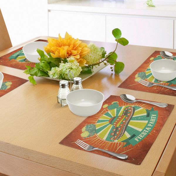 Tovagliette Abakuhaus, Ispirate Alla Cultura Latinoamericana Sombrero Etnici E Cactus, Tiscjdeco In Tessuto Resistente Ai Colori Per La Sala Da Pranzo E La Cucina, Giallo Verde Arancione Seafoam-image