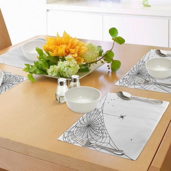 Tovagliette Abakuhaus Con Motivo A Ragnatela, Corner Cobweb Con Insetto Appeso Disegno Gotico Realizzato A Mano Con Mosche, Tiscjdeco In Tessuto Resistente Al Lavaggio Per La Sala Da Pranzo E La Cucina, Bianco E Nero-image